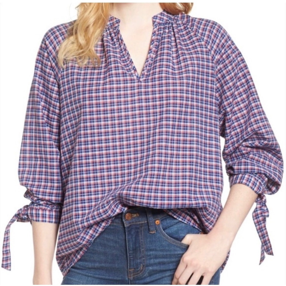 Madewell Womens Blue Red Plaid Cotton Linen Tie Cuff Blouse‎ G1412 Size M